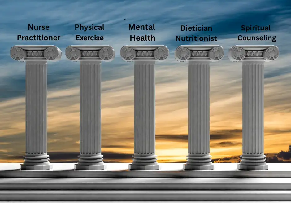 Four pillars of health represented by icons: nutrition, exercise, sleep, and mental well-being on a colorful background.
